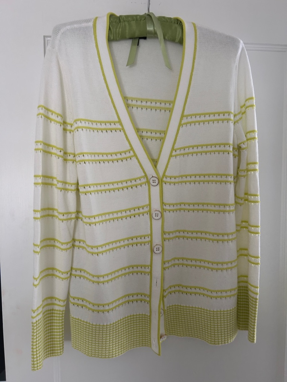 Talbots White Cardigan with Lime Green Trim - Women's Knit Button-Front